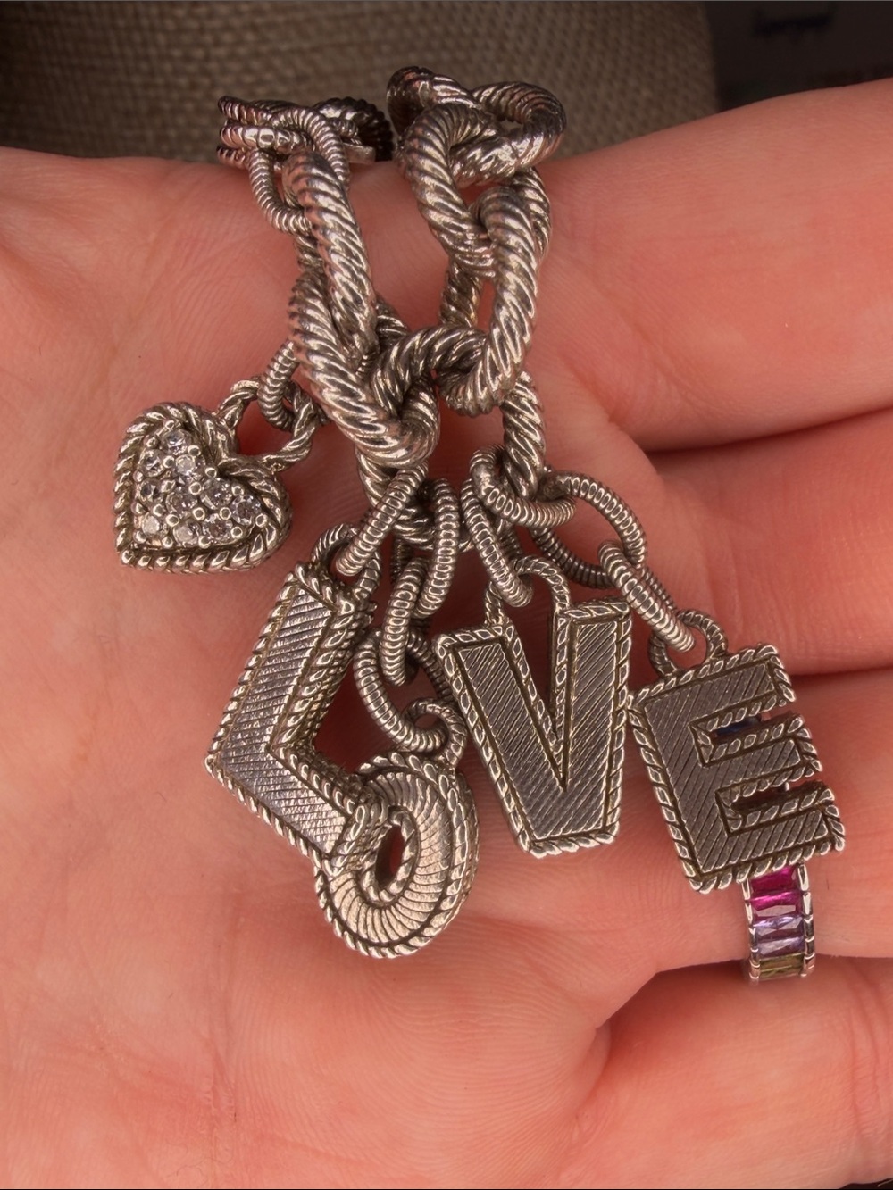 Judith Ripka Sterling Silver LOVE Charm Bracelet with Pave Heart 6 1/2 inches - Picture 2 of 4
